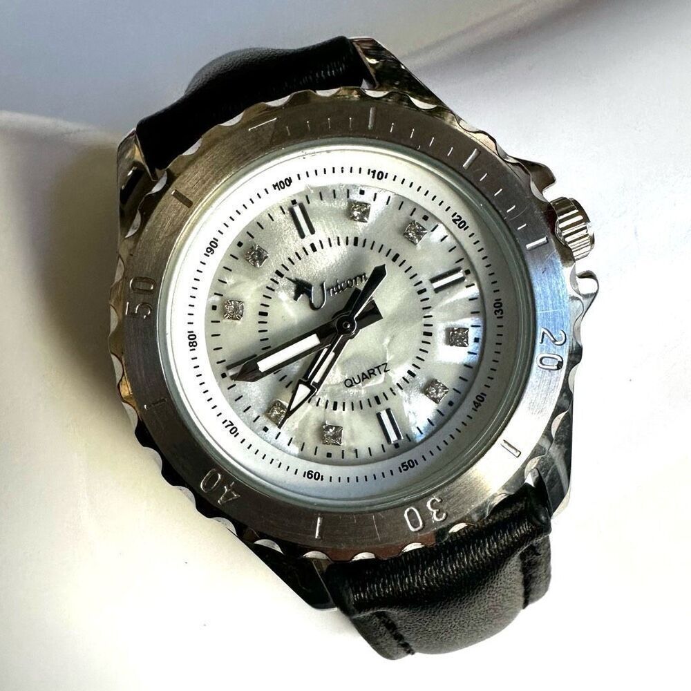 Stainless Steel UNICORN w/ abalone  Face Black Leather Band Ladies Watch